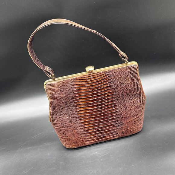 Lesco Handbags - Vintage Purse Lizard Leather Handbag Lesco Mid Century Brown Gold Hardware Retro